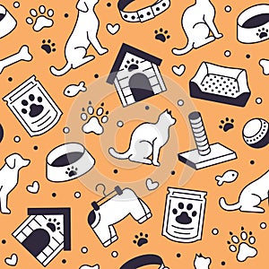 Pet shop vector seamless pattern with flat line icons of dog house, cat food, food bowl, puppy toys, animal paw. Black