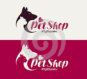 Pet shop or veterinary clinic logo. Animals, dog, cat icon. Lettering vector illustration
