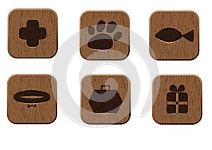 Pet shop wooden icons set