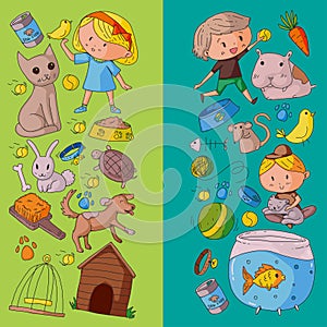 Pet shop, zoo, veterinary. Kindergarten small children. Kids plays with animals. Vector pattern woth cat, hamster, dog