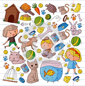 Pet shop, zoo, veterinary. Kindergarten small children. Kids plays with animals. Vector pattern woth cat, hamster, dog