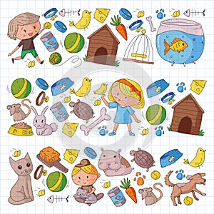 Pet shop, zoo, veterinary. Kindergarten small children. Kids plays with animals. Vector pattern woth cat, hamster, dog