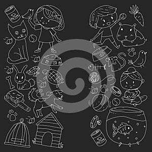 Pet shop, zoo, veterinary. Kindergarten small children. Kids plays with animals. Vector pattern woth cat, hamster, dog