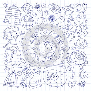 Pet shop, zoo, veterinary. Kindergarten small children. Kids plays with animals. Vector pattern woth cat, hamster, dog