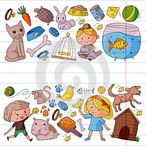 Pet shop, zoo, veterinary. Kindergarten small children. Kids plays with animals. Vector pattern woth cat, hamster, dog