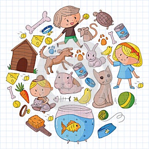 Pet shop, zoo, veterinary. Kindergarten small children. Kids plays with animals. Vector pattern woth cat, hamster, dog