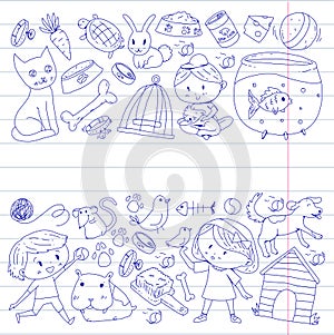 Pet shop, zoo, veterinary. Kindergarten small children. Kids plays with animals. Vector pattern woth cat, hamster, dog