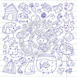 Pet shop, zoo, veterinary. Kindergarten small children. Kids plays with animals. Vector pattern woth cat, hamster, dog