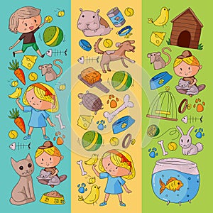 Pet shop, zoo, veterinary. Kindergarten small children. Kids plays with animals. Vector pattern woth cat, hamster, dog