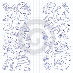 Pet shop, zoo, veterinary. Kindergarten small children. Kids plays with animals. Vector pattern woth cat, hamster, dog