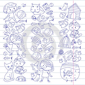 Pet shop, zoo, veterinary. Kindergarten small children. Kids plays with animals. Vector pattern woth cat, hamster, dog