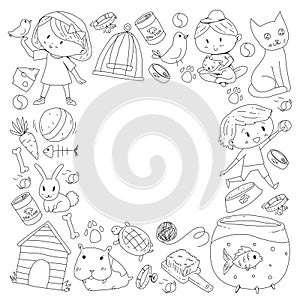 Pet shop, zoo, veterinary. Kindergarten small children. Kids plays with animals. Vector pattern woth cat, hamster, dog