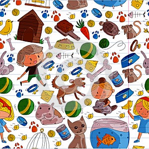 Pet shop, zoo, veterinary. Kindergarten small children. Kids plays with animals. Vector pattern woth cat, hamster, dog