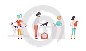 Pet Show Set, Female Owners with Purebred Dogs and Cats Taking Part in Competition Vector Illustration