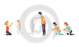 Pet Show Set, Male and Female Owners and their Purebred Dogs Taking Part in Competition Vector Illustration