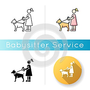 Pet sitting icon. Woman with dog on leash. Pet owner. Obedient domestic animal. Trainer service. Girl walk outdoor