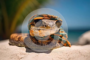 Pet Snake Wearing Beach Bandan. Generative AI