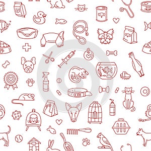 Pet store dogs, cats, birds, other domestic animals seamless pattern