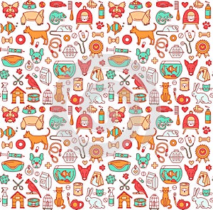 Pet store dogs, cats, birds, other domestic animals seamless pattern