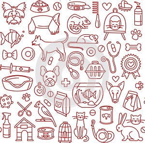 Pet store dogs, cats, birds, other domestic animals seamless pattern