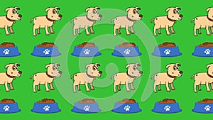 In the pet store and pet department a dog and a food bowl on a green background - animation