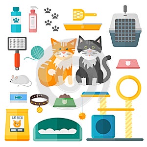 Pet supplies cat accessories animal equipment care grooming tools vector set.