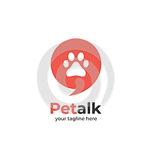 Pet talk discussion club forum logo with paw illustration inside bubble speech speak icon