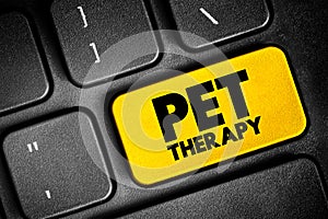 Pet therapy - guided interaction between a person and a trained animal, text button on keyboard, concept background