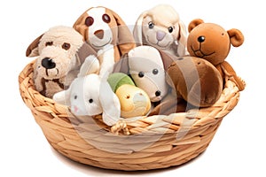 pet toy basket filled with plush and squeaky toys, perfect for playtime