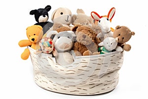 pet toy basket filled with plush and squeaky toys, perfect for playtime