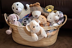 pet toy basket filled with plush and squeaky toys, perfect for playtime