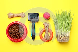 Pet toys, dog food and wheatgrass on yellow background, flat lay