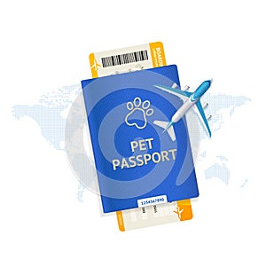 Pet Travel Concept with Realistic Detailed 3d Passports and Tickets Set. Vector