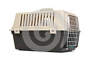 Pet travel plastic carrier isolated on white