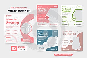 Pet veterinary business template bundle for social media marketing. Pet care shop promotional web banner collection with pink and