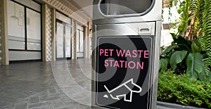 Pet waste station. Pet waste cleanup. Bin for dog owner cleanup dog excrement. Dog poop container. Hygienic pet poop solution.