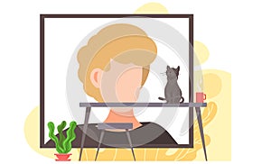 Pet that watching video, dark satisfied cat sitting on the table in front of a screen with a man