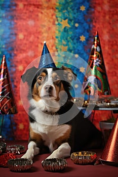 a pet wearing a new years party hat next to a festive backdrop