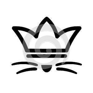 Pet with whisker in crown logo. Royal cat black sign on white background. Cute kitty happy in luxury style. Line drawing