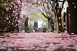 petals from a cherry blossom tree falling onto a garden path