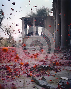Petals dance in the air overshadowing the destruction of war that hides in the background. Abandoned landscape. AI