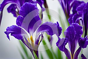Petals of dark purple iris flower on macro stem.