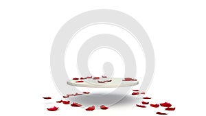 The petals of the red rose fall smoothly on the round stand and on the floor. 4K video quality. Black-and-white mask in