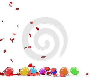 Petals of a red rose fly on multi-colored balloons. Isolated white background