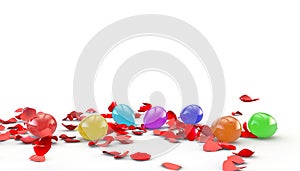 Petals of a red rose fly on multi-colored balloons. Isolated white background