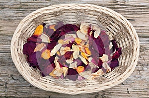 Petals of roses in basket on table wooden