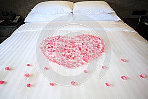 Petals of roses on a white honeymoon bed