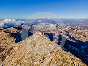 Petar II Petrovic-Njegos mausoleum on the top of mount Lovchen in Montenegro. Aerial view, drone