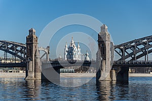 The Peter the Great Bridge against the background of the Smolny Cathedral. Saint-Petersburg