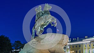 Peter the Great monument Bronze Horseman on the Senate Square night timelapse hyperlapse. St. Petersburg, Russia